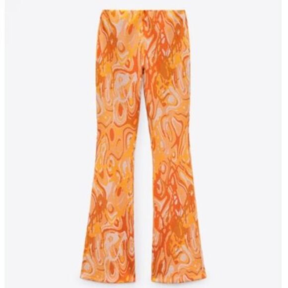 Zara Jacquard Retro Print Knit Flare Pants in Orange Swirl | Small - Picture 2 of 9